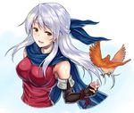  armpit_peek bangs bare_shoulders bird black_gloves blue_scarf blush breasts commentary elbow_gloves fingerless_gloves fire_emblem fire_emblem:_akatsuki_no_megami gloves hair_ribbon half_updo long_hair looking_at_viewer medium_breasts micaiah parted_lips red_shirt ribbon saemon_(tonpura) scarf shirt silver_hair sleeveless sleeveless_shirt smile solo swept_bangs upper_body yellow_eyes 