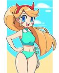  1girl beach bikini blonde_hair blue_eyes curvy disney hairband heart horned_headwear long_hair ponytail small_breasts smile star_butterfly star_vs_the_forces_of_evil swimsuit wide_hips 