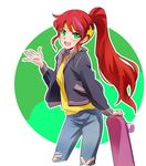  bandaid bandaid_on_knee camp_camp commentary company_connection denim earrings green_eyes happy iesupa jacket jeans jewelry pants ponytail pyrrha_nikos red_hair roosterteeth rwby seiyuu_connection shirt skateboard solo tiara torn_clothes torn_jeans torn_pants yellow_shirt 