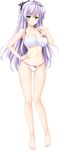  ass_visible_through_thighs barefoot bow bow_bra bow_panties bra breasts choco_chip covered_nipples ero_zemi full_body green_eyes hair_bow hair_ornament hairclip hand_on_hip highres large_breasts lavender_hair long_hair looking_at_viewer navel official_art panties sagisawa_karen solo spaghetti_strap transparent_background underwear underwear_only white_panties 
