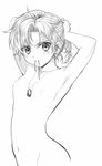  arched_back armpits breasts dog_tags genderswap genderswap_(mtf) greyscale jewelry kinu_(le) liquid_snake long_hair looking_at_viewer metal_gear_(series) metal_gear_solid monochrome mouth_hold nipples nude out-of-frame_censoring ribbon ribbon_in_mouth single_earring small_breasts smile solo tying_hair 