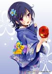  black_hair blue_background blue_kimono blush candy_apple company_name eyebrows_visible_through_hair flower food hair_flower hair_ornament japanese_clothes kimono looking_at_viewer official_art open_mouth picpicgram pink_eyes shinkai_no_valkyrie short_hair solo yukata 