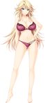  amakimihara_monika ass_visible_through_thighs barefoot blonde_hair blue_eyes bra breasts choco_chip collarbone ero_zemi floral_print full_body hand_on_hip highres large_breasts lingerie long_hair looking_at_viewer navel official_art panties red_bra red_panties rose_print solo transparent_background underwear 