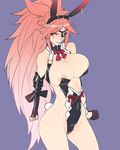 amputee angry animal_ears areola_slip areolae baiken ban bare_shoulders big_hair breasts bunny_ears bunny_tail bunnysuit eyepatch facial_tattoo gloves groin guilty_gear guilty_gear_xrd highres large_breasts long_hair pink_eyes pink_hair ponytail revision scar scar_across_eye solo tail tattoo very_long_hair 
