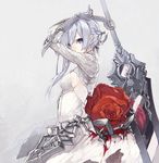  arms_up asymmetrical_hair bangs blue_eyes braid breasts chain commentary_request dress eyebrows_visible_through_hair flower from_side gloves grey_background grey_gloves grey_hair hair_ribbon highres holding holding_sword holding_weapon looking_at_viewer medium_breasts red_flower red_rose ribbon rose senmu sideboob sidelocks simple_background sinoalice snow_white_(sinoalice) solo sword tied_hair weapon white_dress white_ribbon 
