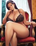  blue_eyes bra breasts brown_hair chair crossed_legs earrings hairband hand_on_own_cheek head_rest huge_breasts jewelry lace lace-trimmed_bra lingerie long_hair looking_at_viewer mature meme50 necklace original sitting smile solo thick_thighs thighs underwear 