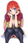  1girl black_legwear blue_eyes blush braid breasts cleavage cleavage_cutout crown_braid hair_between_eyes head_rest head_tilt highres long_hair looking_at_viewer medium_breasts multicolored_hair parted_lips re:creators red_hair sankee selesia_upitiria shiny shiny_hair simple_background sitting smile solo thighhighs two-tone_hair very_long_hair white_background 