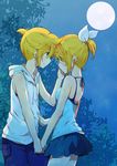  1girl blonde_hair blue_eyes blue_pants blue_shirt blue_skirt brother_and_sister collarbone eye_contact full_moon hair_between_eyes hair_ornament hair_ribbon holding_hands hood hooded_sweater incest kagamine_len kagamine_rin looking_at_another matsyumaro miniskirt moon night number outdoors pants ribbon shirt short_hair short_ponytail siblings skirt sleeveless sweater twincest twins vocaloid white_ribbon white_shirt white_sweater 