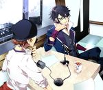  black-framed_eyewear black_hair black_pants bonnet brown_hair checkered checkered_floor collarbone crossed_legs fushimi_saruhiko glasses grin hair_between_eyes headphones headphones_around_neck highres k_(anime) male_focus microphone multiple_boys pants shirt smile white_shirt yata_misaki yukibana 