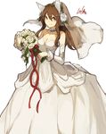  animal_ears artist_name bare_shoulders blush bouquet bridal_veil bride brown_hair choker closed_mouth commentary detached_sleeves dress flower hair_between_eyes hair_flower hair_ornament holding holding_bouquet lansane long_hair looking_at_viewer original red_ribbon ribbon rose sidelocks signature simple_background smile solo standing strapless strapless_dress tsana_(lansane) veil wedding_dress white_background white_flower white_rose wolf_ears yellow_eyes 