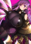  :o bangs bare_shoulders black_bodysuit blunt_bangs blush bodysuit breasts claws commentary_request fate/extra fate/extra_ccc fate_(series) hair_ribbon highres huge_breasts long_hair looking_at_viewer o-ring o-ring_top pantyhose passion_lip pink_background pink_ribbon purple_eyes purple_hair ribbon shiba_nanasei skirt solo striped vertical-striped_skirt vertical_stripes very_long_hair 