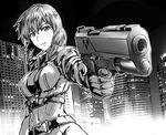  a4typhoon aiming building foreshortening ghost_in_the_shell ghost_in_the_shell_stand_alone_complex gloves greyscale gun handgun highres kusanagi_motoko left-handed medium_hair midriff monochrome navel parted_lips photo_background solo weapon 