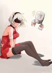  1girl absurdres alternate_costume armband arms_between_legs bare_shoulders black_legwear blindfold breasts collar grey_hair highres medium_breasts nier_(series) nier_automata pod_(nier_automata) short_hair sketch solo thighhighs v_arms white_background worini yorha_no._2_type_b 