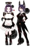  alternate_costume black_gloves blue_hair blush boots breasts butler eyepatch full_body gloves hand_on_hip heart high_heel_boots high_heels kantai_collection large_breasts looking_at_viewer maid mato_tsuyoi mechanical_halo multiple_girls purple_eyes purple_hair sharp_teeth short_hair smile tatsuta_(kantai_collection) teeth tenryuu_(kantai_collection) white_gloves yellow_eyes 