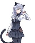  animal_ears blush breasts cat_ears cat_tail green_eyes grey_hair medium_breasts necktie older pantyhose sanya_v_litvyak sketch skirt solo strike_witches tail white_background world_witches_series 