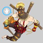  alternate_costume bare_shoulders barefoot doyamatsu fire gloves goggles grey_background hayseed_junkrat injury junkrat_(overwatch) male_focus mask mechanical_arm overwatch peg_leg scarecrow shirtless simple_background solo waving 