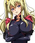  bangs black_gloves blonde_hair blush breast_hold breasts code_geass code_geass:_boukoku_no_akito commentary_request gloves hair_ornament large_breasts leila_(code_geass) long_hair looking_at_viewer parted_lips pilot_suit purple_eyes runaru skin_tight solo twintails upper_body 