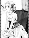  applying_makeup bracelet breasts cleavage collarbone dress flower greyscale hair_flower hair_ornament indoors jewelry kagamine_rin makeup makeup_brush mayumelo medium_breasts monochrome necklace parted_lips short_hair simple_background sitting sleeveless sleeveless_dress solo strapless strapless_dress vocaloid white_background 