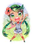  armpits bangs chibi clenched_hand collarbone commentary_request dark_skin dated flower full_body gradient gradient_background green_eyes green_footwear green_hair hair_flower hair_ornament hand_up heart long_hair looking_at_viewer mao_(pokemon) open_mouth overalls pink_shirt plant pokemon pokemon_(game) pokemon_sm shirt shoes signature sleeveless sleeveless_shirt smile solo standing strapless swept_bangs teeth trial_captain tubetop twintails two-tone_background vines yoisho_(hami) 