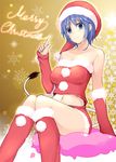  bangs bare_shoulders blue_hair blush boots breasts collarbone doremy_sweet dream_soul elbow_gloves fur_trim gloves hat index_finger_raised jajao knee_boots knees_together_feet_apart large_breasts looking_at_viewer merry_christmas midriff miniskirt navel pom_pom_(clothes) red_gloves red_legwear santa_costume santa_hat shiny shiny_hair sitting skirt smile solo strapless tail tapir_tail touhou 