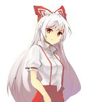  bow clear_echoes eyebrows_visible_through_hair fujiwara_no_mokou hair_bow highres long_hair looking_at_viewer red_eyes ribbon shirt short_sleeves silver_hair simple_background solo suspenders touhou very_long_hair white_background 