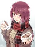  :d bangs baozi blush breasts breath commentary_request food giving holding holding_food jacket long_hair long_sleeves looking_at_viewer medium_breasts mole mole_under_mouth open_clothes open_jacket open_mouth original plaid plaid_scarf purple_eyes purple_hair ribbed_sweater saemon_(tonpura) scarf sharing_food smile solo steam sweater sweater_jacket upper_body 