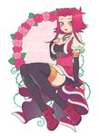  breasts choker cleavage eyes_visible_through_hair flower full_body izayoi_aki large_breasts looking_at_viewer nns146 open_mouth puffy_short_sleeves puffy_sleeves red_eyes red_hair rose shoes short_hair short_sleeves sitting smile solo thighhighs yuu-gi-ou yuu-gi-ou_5d's 