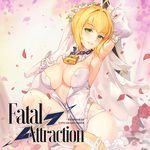  arm_up armpits atdan blonde_hair breasts cleavage covered_nipples detached_collar detached_sleeves dutch_angle fate/extra fate/extra_ccc fate_(series) flower folded_leg gloves green_eyes hair_flower hair_intakes hair_ornament head_tilt large_breasts leotard looking_at_viewer nero_claudius_(bride)_(fate) nero_claudius_(fate)_(all) parted_lips petals rose rose_petals short_hair single_glove sitting smile solo sword veil weapon white_sleeves zipper 