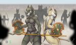  2017 anthro armor breasts digital_media_(artwork) female female/female hi_res holding_object holding_weapon mammal melee_weapon shield simple_background speak weapon 