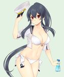  adapted_costume bikini black_hair blue_background bottle breasts collarbone cropped_jacket hair_between_eyes hat hat_removed headwear_removed holding holding_hat ichinomiya_(blantte) kantai_collection long_hair looking_at_viewer medium_breasts navel ponytail red_eyes side-tie_bikini simple_background skindentation smile solo swimsuit upper_body very_long_hair white_bikini white_hat yahagi_(kantai_collection) 