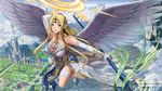 angel angel_wings arch architecture blonde_hair blue_eyes blush breasts castle chain circlet cleavage cleavage_cutout cloud elbow_gloves flying from_above gloves halo heart high_heels highres holding holding_spear holding_weapon huanghyy large_breasts long_hair looking_at_viewer open_mouth original palace pointy_ears polearm sleeveless smile solo spear teeth tower weapon white_gloves wings 
