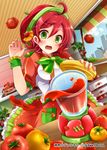  ahoge blender blush company_name eyebrows_visible_through_hair food green_eyes green_ribbon hat looking_away official_art open_mouth picpicgram red_hair red_hat ribbon shinkai_no_valkyrie short_hair solo table tearing_up tomato tomato_juice window 