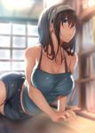  :o bangs bare_shoulders black_hair blue_camisole blue_eyes blurry blurry_background blush bookshelf bra_strap breasts camisole cleavage collarbone commentary_request eyebrows_visible_through_hair hair_between_eyes hips idolmaster idolmaster_cinderella_girls indoors large_breasts lens_flare long_hair lying midriff_peek nohito on_side sagisawa_fumika shorts solo spaghetti_strap window 