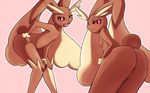  1girl animal_ears aoinu111 ass bent_over black_eyes blush breasts bunny_ears bunny_tail censored flat_chest from_behind furry hand_on_hip highres knees_together_feet_apart looking_at_viewer looking_back lopunny multiple_views navel nipples no_humans open_mouth pink_background pokemon pokemon_(creature) pokemon_dppt pussy red_sclera simple_background smile solo standing tail 