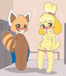  2019 aggressive_retsuko ailurid animal_crossing blush breast_size_difference breasts bunnybits canine clothing dog duo female fur hi_res isabelle_(animal_crossing) locker_room male mammal navel nintendo orange_fur panties pussy red_panda retsuko short_stack underwear undressing video_games 