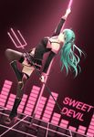  aqua_eyes aqua_hair black_bra black_footwear boots bra copyright_name dutch_angle garter_straps hatsune_miku high_heels highres honey_whip_(module) horns lace lace-trimmed_thighhighs long_hair nail_polish pole pole_dancing polearm project_diva_(series) rko_(a470350510) side_ponytail skirt solo sweet_devil_(vocaloid) thighhighs trident underwear vocaloid weapon 