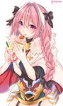  astolfo_(fate) blush braid cape fate/apocrypha fate/grand_order fate_(series) food hair_ribbon highres long_hair looking_at_viewer male_focus open_mouth otoko_no_ko pink_hair purple_eyes ribbon shisei_(kyuushoku_banchou) single_braid solo 