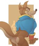  2016 abstract_background anthro anus bottomless butt canine clothed clothing concupisco digital_drawing_(artwork) digital_media_(artwork) disney don_karnage fur looking_back male mammal open_mouth red_wolf simple_background smile talespin tongue wolf 