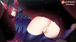  1girl all_fours anus ass bent_over bottomless highres league_of_legends looking_at_viewer looking_back naughty_face no_panties pussy solo tofuubear xayah 