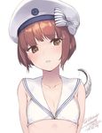  bikini bow brown_eyes brown_hair collarbone dated enemy_naval_mine_(kantai_collection) eyebrows_visible_through_hair flat_chest hat kantai_collection looking_at_viewer military_hat parted_lips peaked_cap rokuwata_tomoe sailor_bikini sailor_collar sailor_hat short_hair simple_background solo striped striped_bow swimsuit twitter_username upper_body white_background white_bikini white_hat z3_max_schultz_(kantai_collection) 