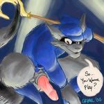  2004 anthro boots bottomless cane clothed clothing footwear fur grey_fur grimal_(artist) hat male mammal penis raccoon shirt sly_cooper sly_cooper_(series) solo text video_games 