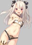  armlet bangs black_ribbon blonde_hair blush commentary_request cosplay cowboy_shot eyebrows_visible_through_hair fate/grand_order fate_(series) flat_chest flying_sweatdrops grey_background gyuunyuu_bin hair_ribbon hands_on_own_chest hips illyasviel_von_einzbern ishtar_(fate/grand_order) ishtar_(fate/grand_order)_(cosplay) jewelry long_hair looking_at_viewer navel open_mouth red_eyes revealing_clothes ribbon ring simple_background single_thighhigh solo thighhighs thighs two_side_up wavy_mouth 