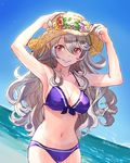  beach bikini blush breasts cleavage collarbone day female_my_unit_(fire_emblem_if) fire_emblem fire_emblem_heroes fire_emblem_if hairband hashiko_(neleven) large_breasts long_hair looking_at_viewer my_unit_(fire_emblem_if) navel pointy_ears red_eyes smile solo swimsuit white_hair 