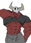  abs anthro biceps big_muscles clothing demon flammars horn humanoid male muscular muscular_male not_furry pants pecs pose shirt simple_background skull standing t-shirt 