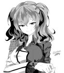  blush breast_pocket dated eyebrows_visible_through_hair gloves greyscale kantai_collection kashima_(kantai_collection) long_sleeves looking_at_viewer monochrome neko_(yanshoujie) pocket short_hair short_twintails signature smile solo twintails twitter_username upper_body 