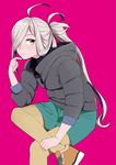  ahoge alternate_costume asashimo_(kantai_collection) brown_eyes casual green_shorts grey_jacket hair_over_one_eye jacket kantai_collection long_hair ojipon pantyhose pink_background ponytail shoes shorts silver_hair simple_background sitting sneakers solo yellow_legwear 