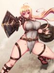  1girl absurdres ahoge akina_t bangs bare_hips blonde_hair breasts closed_mouth commentary_request copyright_request erect_nipples fantasy fighting_stance furrowed_eyebrows gladiator_shoes glint gluteal_fold gold_trim half-closed_eyes highres holding holding_shield holding_sword holding_weapon large_breasts long_hair looking_at_viewer outstretched_arm red_eyes serious shield sideboob solo sword very_long_hair weapon wind wind_lift 