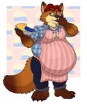  2017 anthro apron belly big_belly blue_eyes brown_fur brown_hair canine claws clothing disney eggo21 finger_in_mouth food fox fur gideon_grey hair jeans male mammal orange_fur overweight pants pie shirt simple_background zootopia 