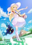  absurdres arm_up armpits bag bangs bare_shoulders blonde_hair blue_footwear blue_sky blunt_bangs braid breasts cloud collared_dress cosmog day dress duffel_bag dutch_angle flower full_body gen_7_pokemon grass green_eyes hat highres keije kneehighs lillie_(pokemon) long_hair looking_at_viewer open_mouth outdoors outstretched_arm palm_tree petals poke_ball_theme pokemon pokemon_(creature) pokemon_(game) pokemon_sm see-through shoes sky sleeveless sleeveless_dress small_breasts standing sun_hat sundress teeth tree twin_braids volcano white_dress white_hat white_legwear wind 