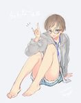  androgynous bare_legs barefoot blue_eyes dated denim denim_shorts elbow_on_knee feet fox_shadow_puppet glasses grey_background grey_hair grey_jacket highres jacket light_smile long_sleeves looking_at_viewer nanase_miri original short_hair short_shorts shorts signature simple_background sitting sketch solo 